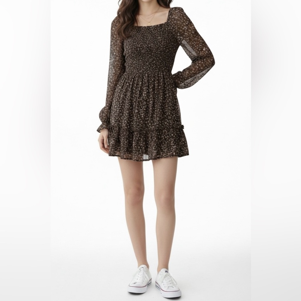 Chocolate Brown Floral Smocked Mini Dress  Long Sleeve Cottagecore Boho Sz Small